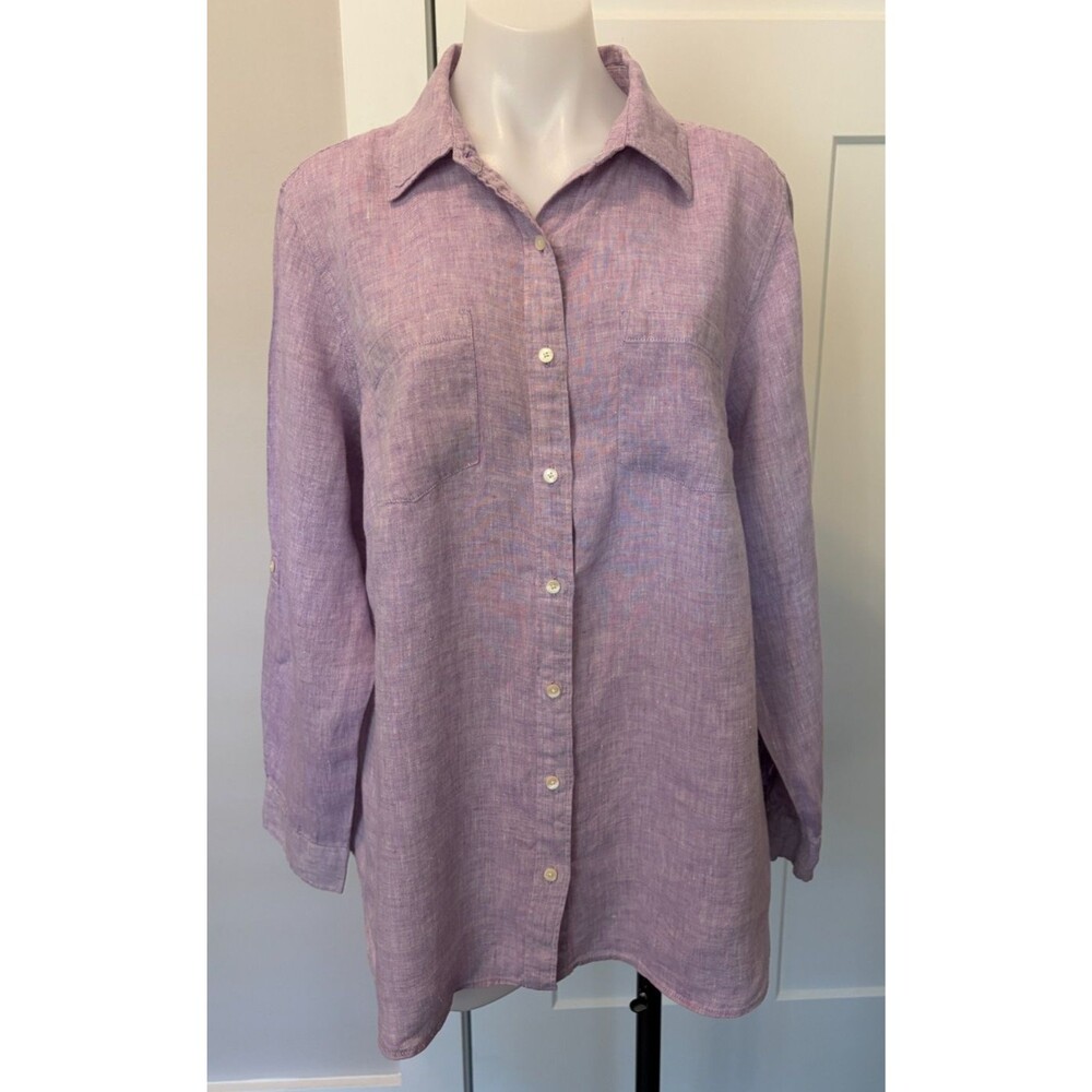 Talbots Womens Button TOP Long Tab Sleeve PURPLE Linen Size 1X